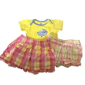 Gerber Garanimals 3pc Outfit Baby Girl 12M Yellow Bird Top Plaid Skirt Shorts